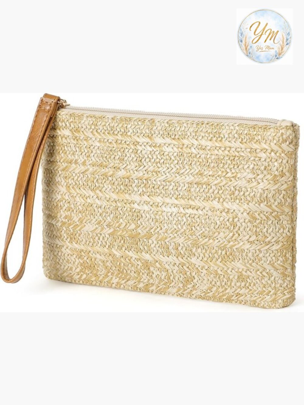 Straw Bohemian Handbag with Zipper Wristlet Beach Clutch Purse